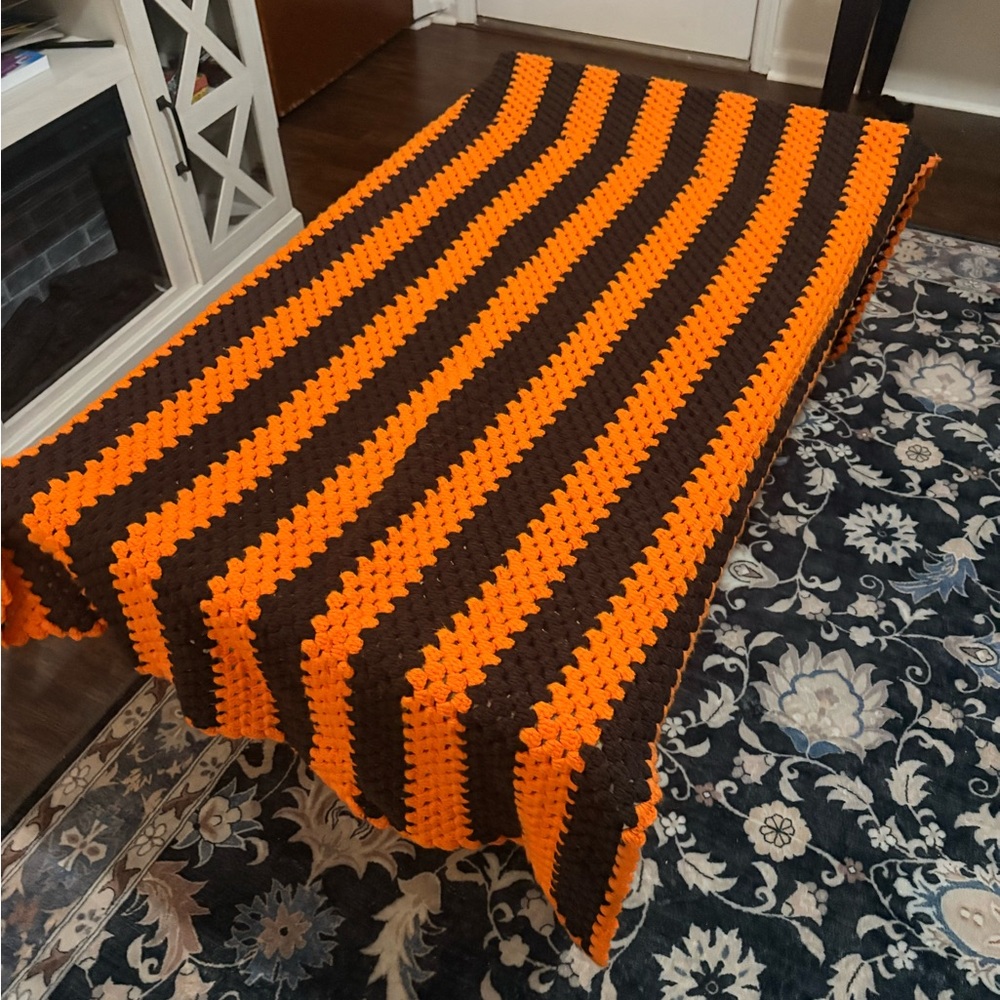 Vintage 70s Crochet Afghan Blanket Striped Orange Black Handmade‎ 97x47 Retro